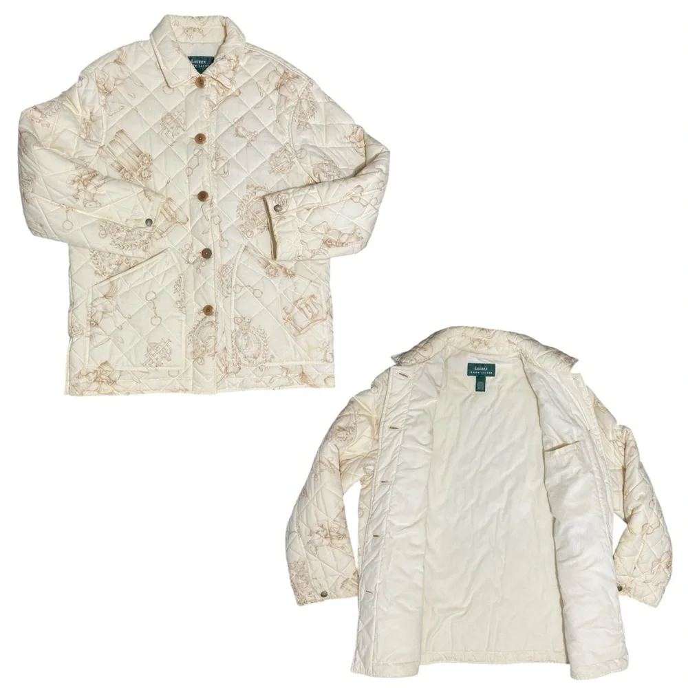 Lauren Ralph Lauren Quilted Cream Equestrian Print Button Utility Jacket Medium